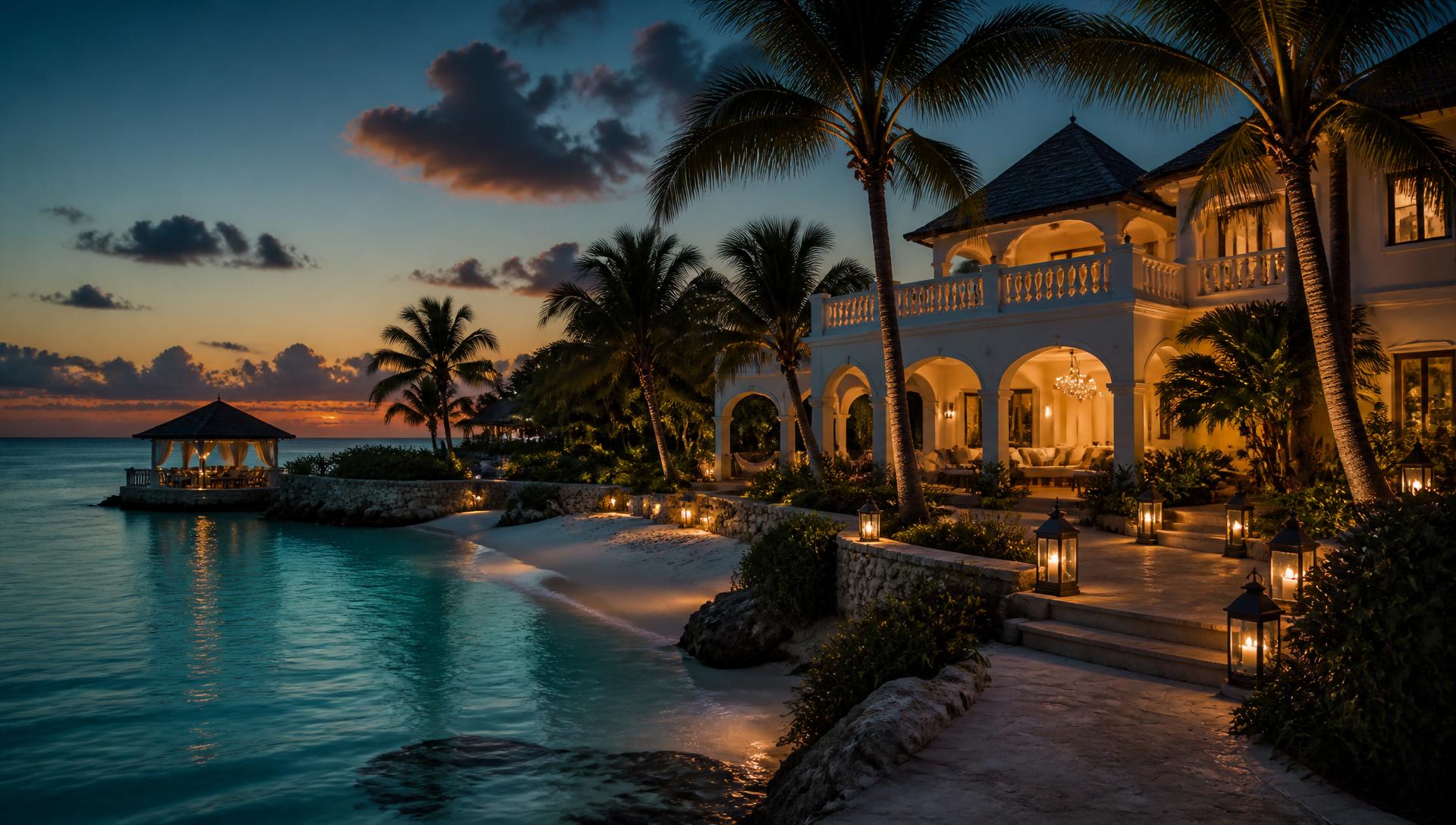 The resort at dusk, lit by lanterns beside the water